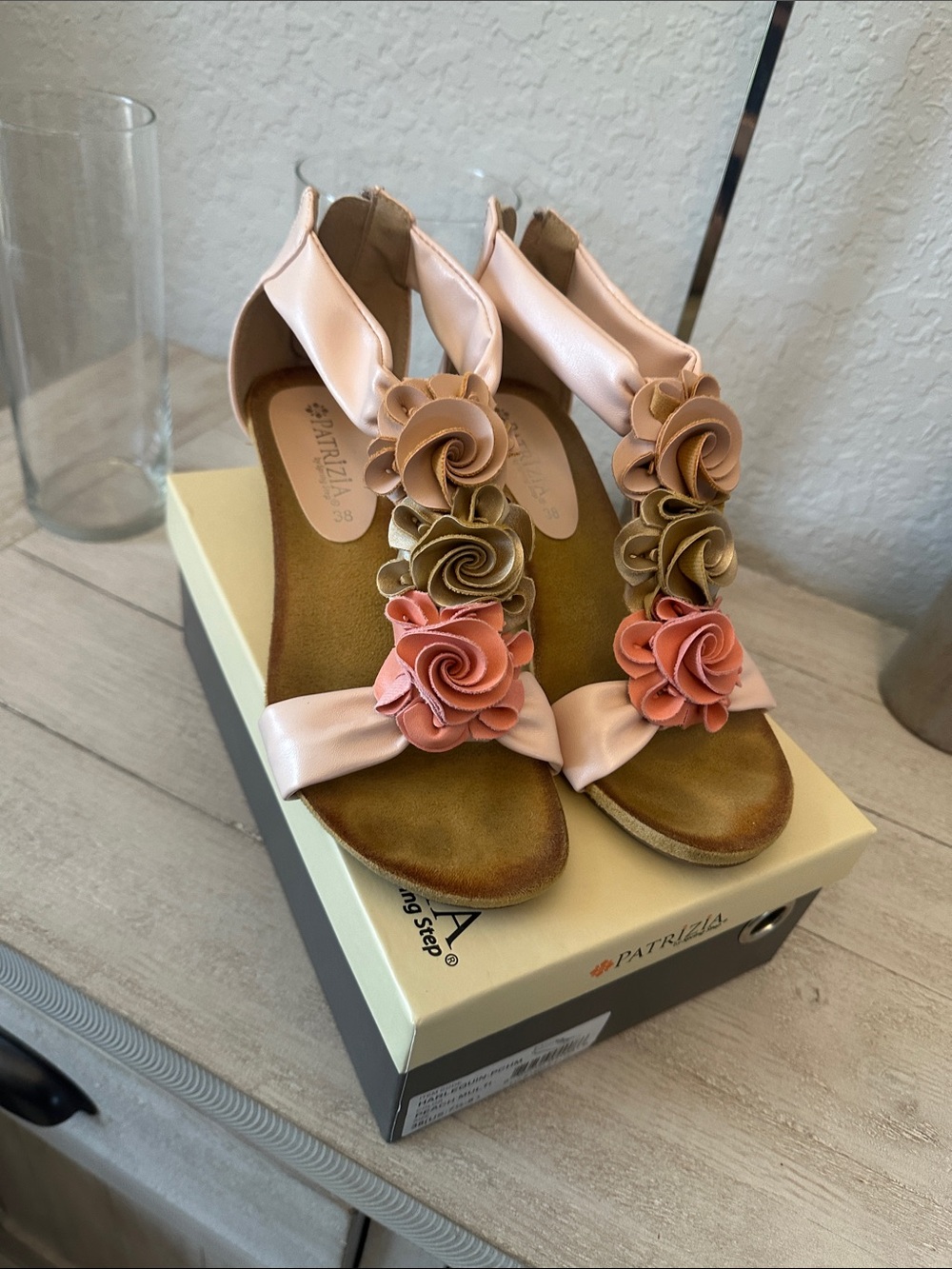 Patrizia Pink Floral T-Strap Sandals with Coral Accents size 7.5-8M